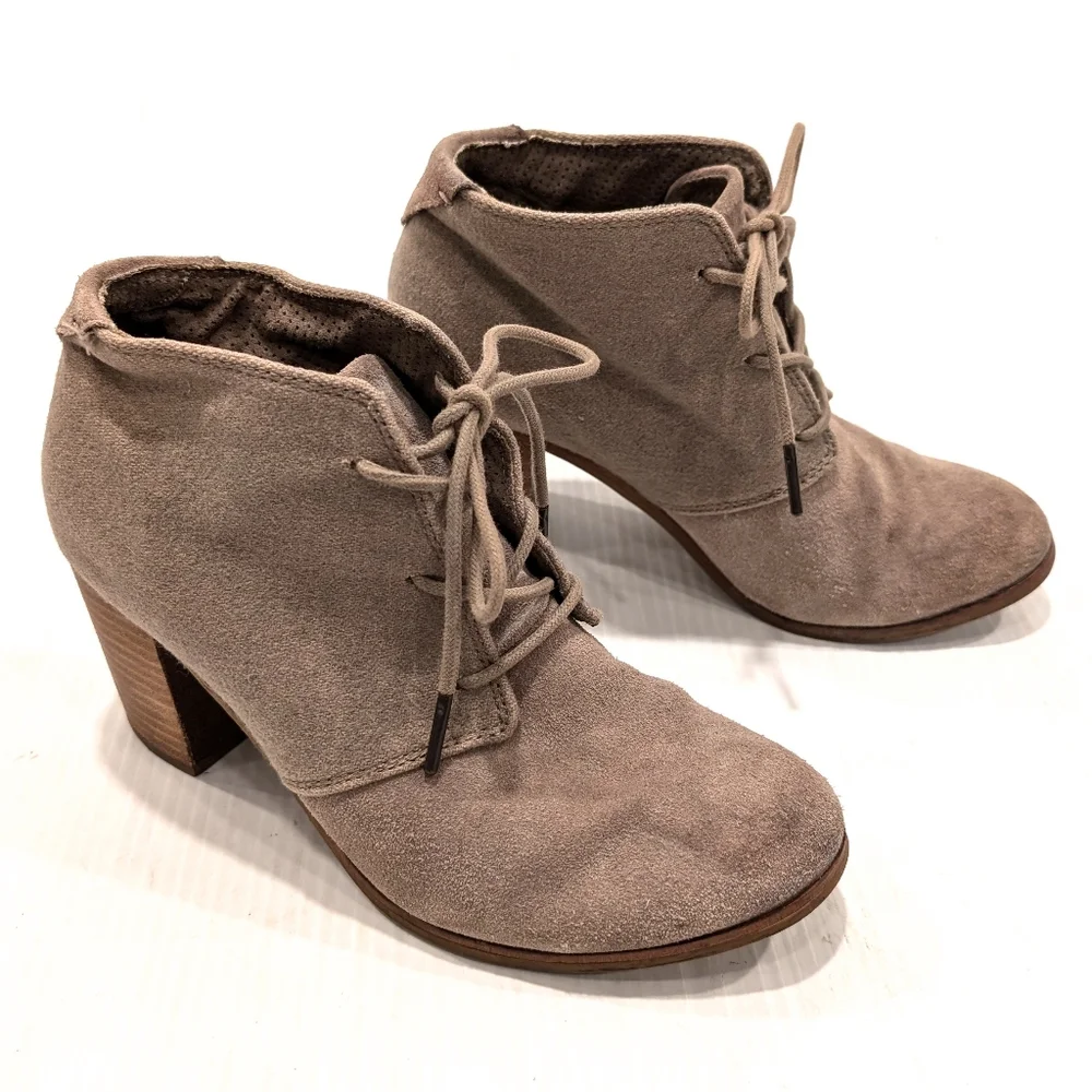 TOMS Lunata women's tan suede block heel lace-up oxford ankle booties size 8